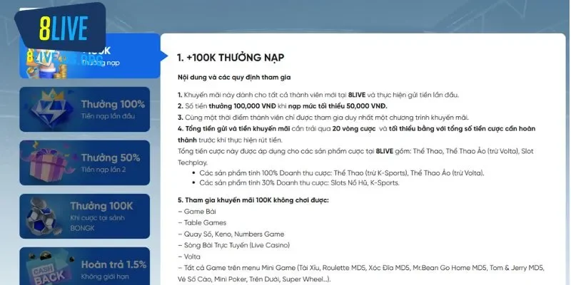 Đáp ứng điều kiện chương trình 8Live để nhận thưởng nhanh